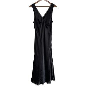American Eagle Black Satin Lace Trim Maxi Slip Dress V-Neck Size L NWT Cocktail